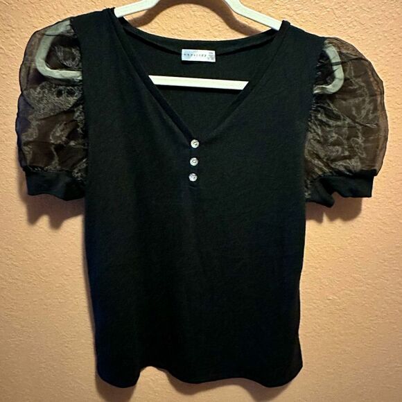 Retrology black top with mesh balloon sleeves and gems on chest - Picture 1 of 7